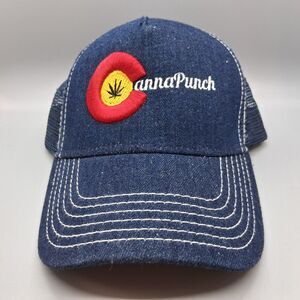 Canna Punch Denim Mesh Trucker Hat Snapback Cap Cannabis Promo Logo Blue Grey